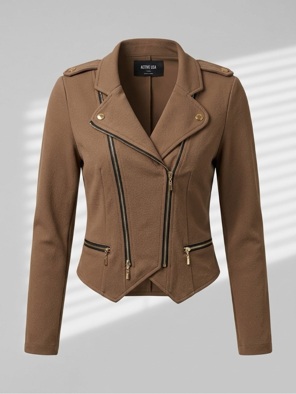 ACTIVE USA Taupe Brown Asymmetrical Moto Jacket